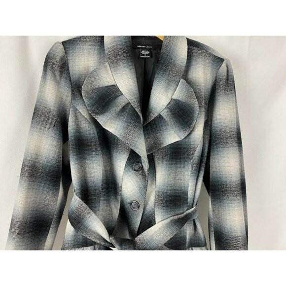 Robert Lewis Blue Gray Plaid Ruffled Belted Jacket Women's Medium. - Picture 4 of 16